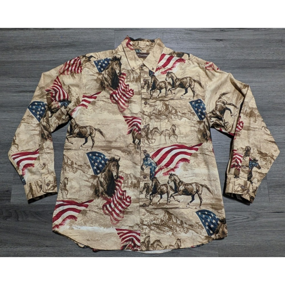 Bit and Bridle Men's Brown Horses American Flag Western USA Shirt‎ Size Large